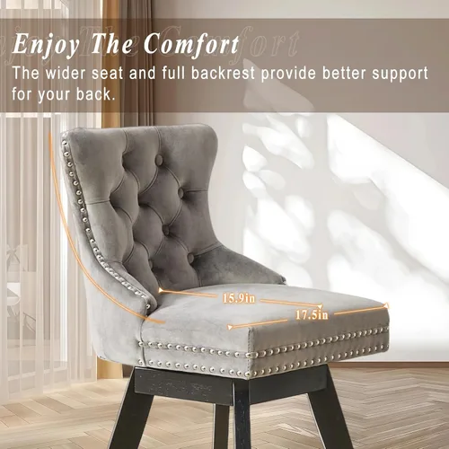 Vista 278 de SoarFlash Juego de 2 taburetes de bar tapizados de terciopelo moderno con patas de madera, botones acolchados, cabeza de clavo cromada, asiento