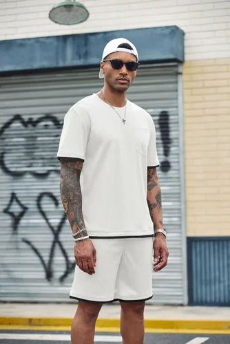 Vista 72 de COOFANDY Conjunto de camisa y pantalones cortos de gofre para hombre, conjunto de 2 piezas, conjunto casual de verano con bolsillos