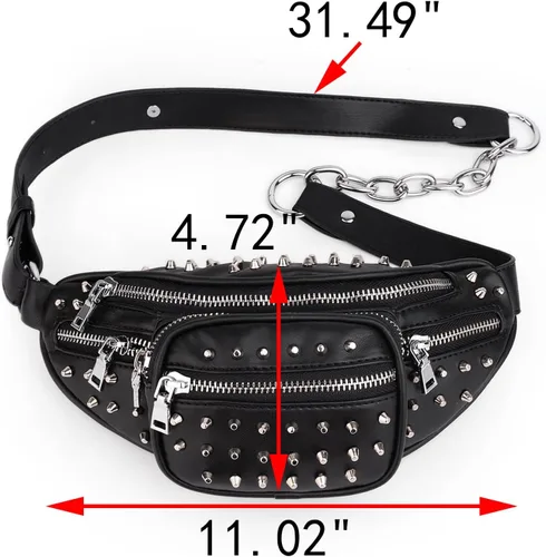Vista 7 de UTO Fanny-Pack-for-Women's - Riñonera vegana de cuero con remaches tachuelas, ligera, con cremallera, bolsillo al hombro, 0879 Negro
