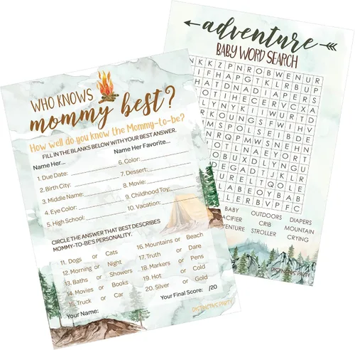 Vista 8 de DISTINCTIVS Little Adventurer - Juego de Baby Shower - ¿Qué hay en tu teléfono y palabras Scramble? 20 tarjetas de doble cara - Juegos de baby
