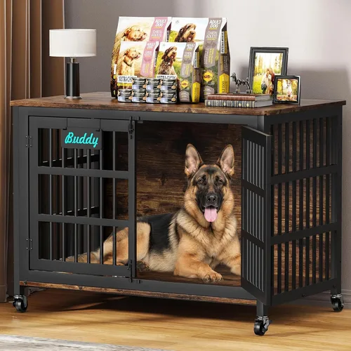 Vista 11 de EasyCom 33"/27" Mueble de jaula para perros con etiqueta de nombre, perrera para perros de uso interior resistente para perros medianos y pequeños