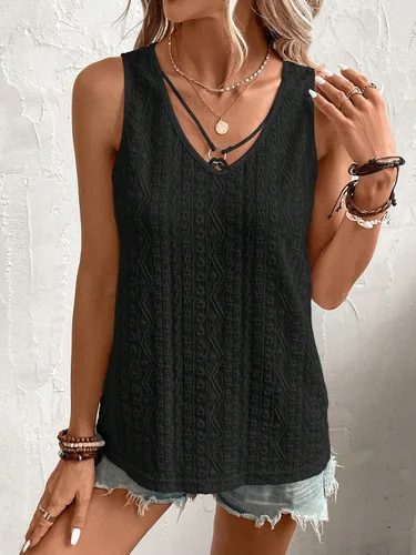 Vista 6 de SweatyRocks Camiseta sin mangas con cuello en V para mujer, con bordado, con ojales