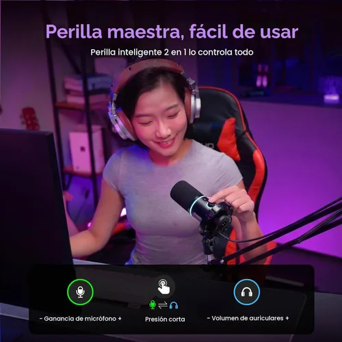 Vista 7 de MAONO XLR/USB - Micrófono dinámico para juegos RGB con software, silencio, perilla de ganancia, control de volumen y conector para auriculares