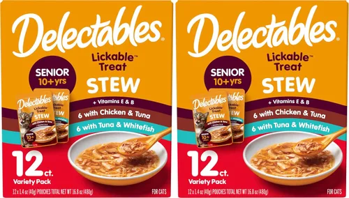 Vista 11 de Delectables Lickable Treat Stew Senior 10+ - Golosina húmeda para gatos con pollo real y atún, adorno para alimentos, hidratante, sin granos, sin