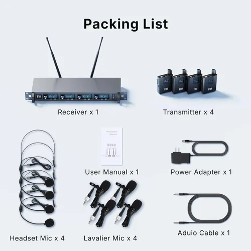 Vista 9 de XTUGA Sistema de micrófono inalámbrico A140, juego de micrófono inalámbrico UHF de 4 canales con cuatro micrófonos BodyPack, construcción totalmente