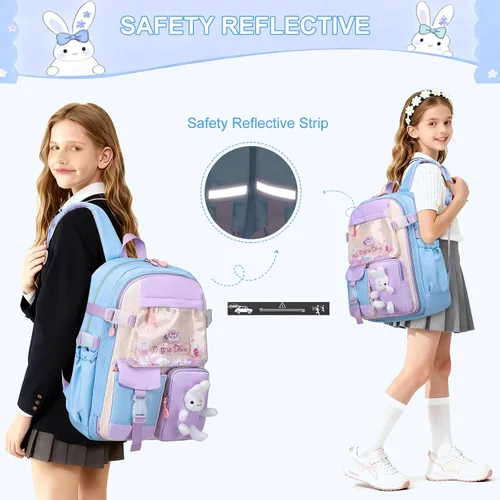 Vista 7 de WYCY Mochila para niñas - Bonita mochila escolar a cuadros con compartimento para laptop para escuela primaria y secundaria, azul, Grande, Mochilas