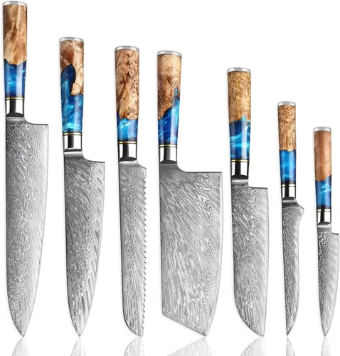 Vista 11 de SENKEN Juego de 7 piezas de cuchillos de cocina de Damasco - Colección Tsunami - Acero VG10 japonés de 67 capas - Cuchillo de chef, cuchillo
