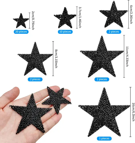 Vista 2 de Ximalun 37 parches de estrellas de 6 tamaños para planchar, apliques de estrella con diamantes de imitación, parches adhesivos para planchar en Negro