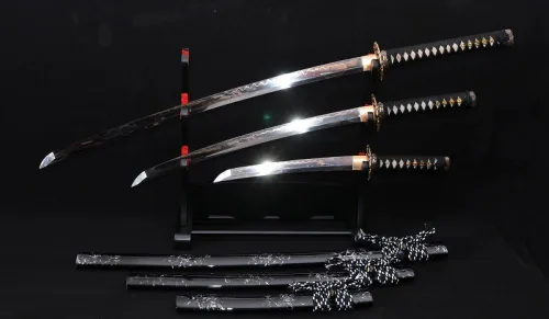 Vista 9 de Katana Wakizashi Tanto de arcilla japonesa forjada a mano, 3 piezas, corte real