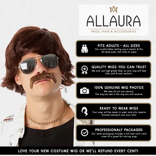 Vista 2 de ALLAURA Peluca Pedro de los años 60 y 70 Sonny Bono peluca y bigote corto marrón Ron Borgoña Pelucas para hombre Shag Hippie se adapta a adultos