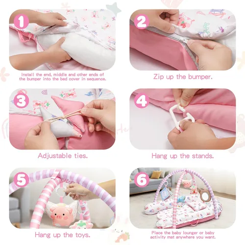 Vista 9 de Tapete de juego rosa para bebé, 7 en 1, tapete de gimnasio infantil para desarrollo sensorial y motor, lavable y portátil, tapete de actividad