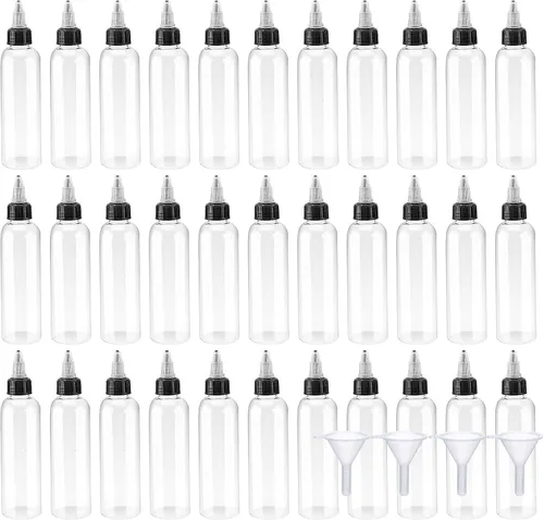 Vista 8 de 64 botellas de plástico de 4 onzas, botellas dispensadoras redondas con tapa superior giratoria para manualidades, cocina, hogar, transparente