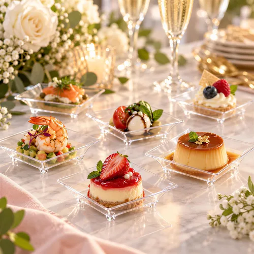 Vista 7 de Kingrol 150 platos pequeños para aperitivos, platos cuadrados de plástico transparente de 2.5 pulgadas, platos desechables de 1 onza para postres