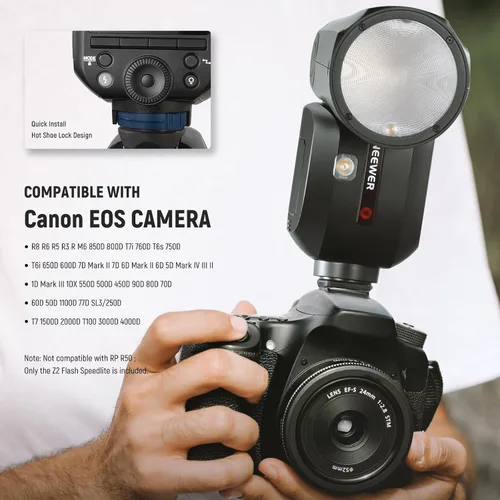 Vista 8 de NEEWER Z2-C 2.4G TTL Flash de cabeza redonda Speedlite para Canon, interfaz de usuario mejorada, 2 lámparas de modelado ajustables, tecla TTL/M