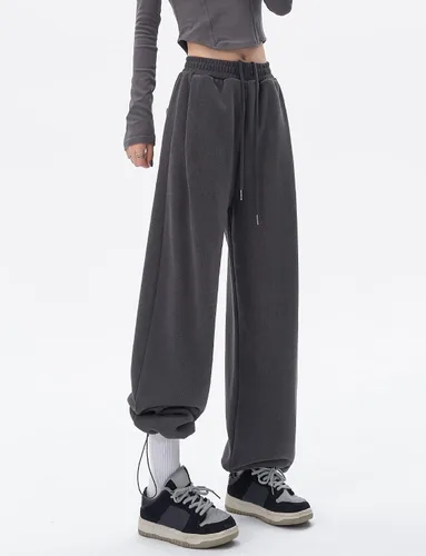 Vista 3 de SEAUR Pantalones deportivos holgados y rectos de pierna ancha para mujer, estilo casual, cintura alta, con cordón, pantalones deportivos