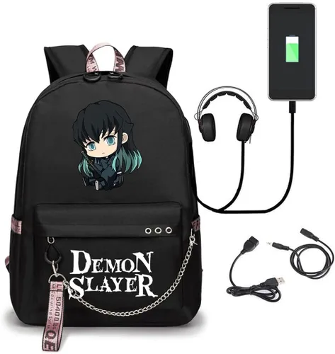 Vista 7 de SodaMeow Mochila Demon Anime Bag Kimetsu no Yaiba Nezuko Casual Mochila Slayer con puerto de carga USB, llavero gratis, B-muichiro, Casual