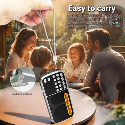 Vista 7 de Radios Pequeños Portátiles AM FM, Radio con Batería de Gran Capacidad Recargable, Ranura para Tarjeta TF Micro SD y USB, Reproducción MP3, Botones
