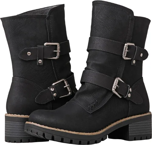 Vista 2 de GLOBALWIN Lace up Mid Calf Motorcycle Fashion Festival Boots Combat Riding Military Boots for Women