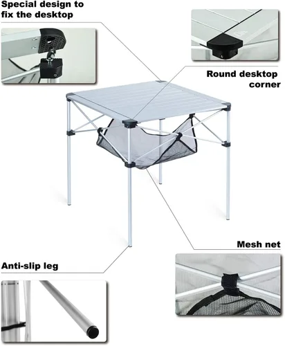 Vista 5 de iClimb Alu ligero y estable. Mesa cuadrada plegable enrollable con bolsa de transporte para camping, picnic, patio trasero, barbacoa, campamento