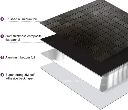 Vista 2 de XUANINY 11 hojas de azulejos autoadhesivos para salpicaduras, adhesivo de mosaico metálico con superficie de aluminio cepillado para pared de cocina