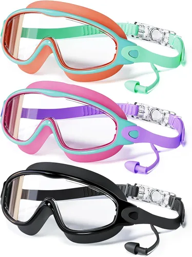 Vista 13 de Paquete de 3 gafas de natación para niños, con tapones para los oídos, marco grande, antivaho, UV, visión amplia, para niños y niñas de 4 a 12 años