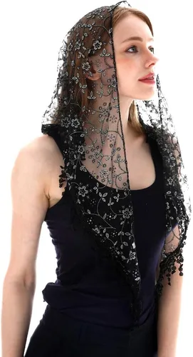 Vista 2 de LMVERNA Bufanda triangular de encaje con velo de tul para cubrir el velo de la iglesia para bodas y damas de honor
