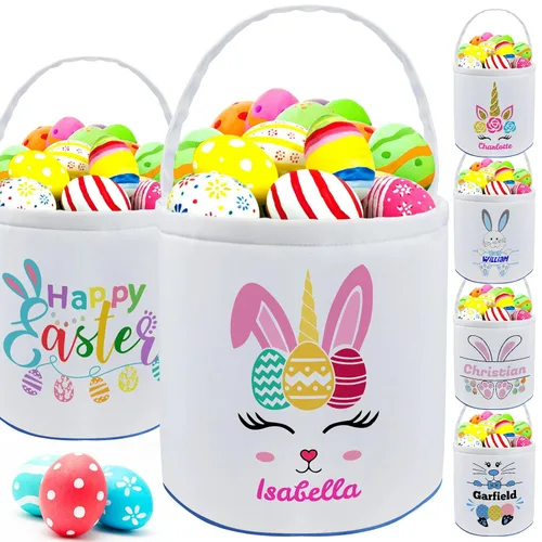 Vista 20 de Cesta de Pascua personalizada con nombre para niñas, niños y niños, cesta de Pascua personalizada bolsas de regalo para caza de huevos de Pascua