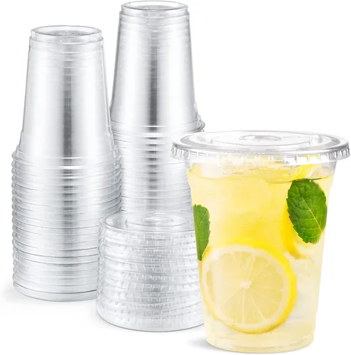 Vista 12 de Eupako 10 onzas - 100 juegos de vasos de plástico con tapas, vasos desechables transparentes con tapas, contenedores para bebidas frías, postres