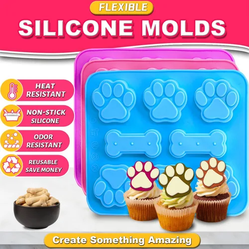Vista 2 de 3 Moldes de Silicona de Pata de Cachorro y Hueso - Molde Antiadherente para Dulces, Moldes Reutilizables para Cubitos de Hielo para Golosinas