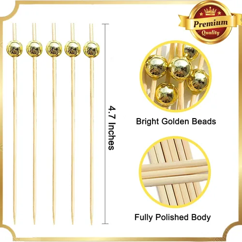 Vista 2 de Púas de cóctel, palillos de dientes para aperitivos, 100 piezas de 4.7 pulgadas palillos de cóctel de perlas doradas para decoraciones de fiestas