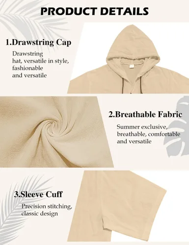 Vista 6 de Camisas de algodón y lino para hombre, sudaderas casuales de manga corta, con botones, para verano, playa, boda, con capucha