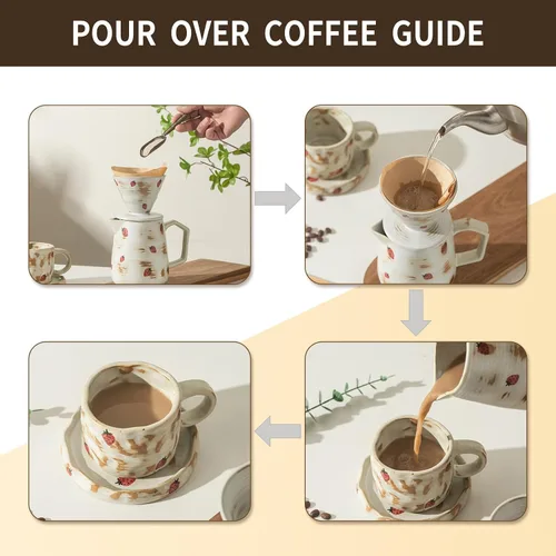 Vista 5 de Juego de cafetera hecha a mano con taza de café con patrón de fresa, 20 unidades, filtro de papel V60, cafetera de goteo de 20 onzas (fresa)