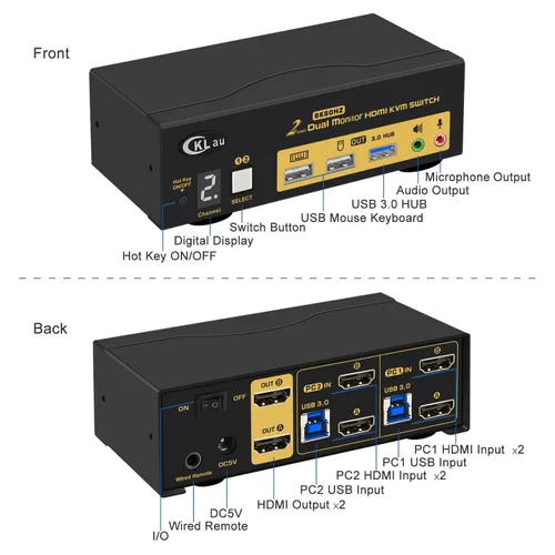 Vista 5 de Conmutador KVM HDMI 2.1 2x2 para 2 computadoras y 2 monitores, 8K @60Hz, 4K @144Hz, Hub USB 3.0, emulación EDID, teclas de acceso rápido