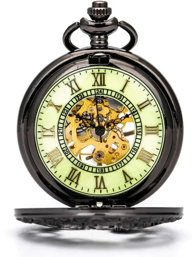 Vista 2 de BOSHIYA Mens Vintage Skeleton Pocket Watch Steampunk Windup Half Hunter Mechanism Gear Cover with Chain
