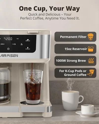 Vista 3 de AIRMSEN Cafetera dual programable de 12 tazas – Máquina de una sola porción para K-Pods y molido, preparación rápida de 1000 W, inicio retardado