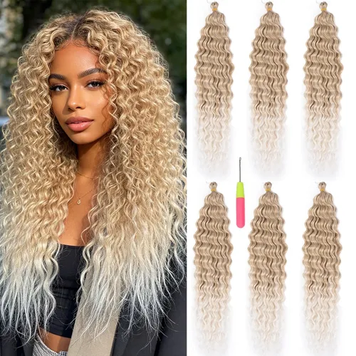 Vista 28 de Extensiones de cabello ondulado con ganchillo Ocean Wave de 18 pulgadas, 6 paquetes, extensiones de cabello de ganchillo sueltas de onda profunda #1B