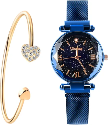 Vista 9 de Reloj de pulsera de cuarzo de lujo con esfera de cielo estrellado para mujer, reloj de malla magnética y pulsera