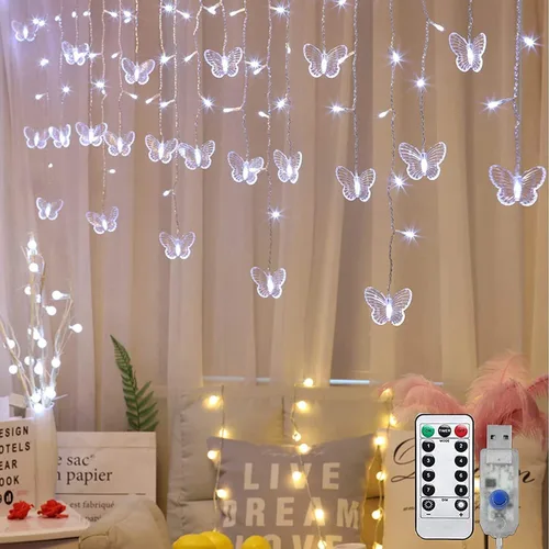 Vista 11 de Lainin - Tira de luces alimentadas por USB de 13 pies, 96 luces LED, 18 cuerdas de mariposas, tira de luces de hadas de 8 modos para fiestas Rosa