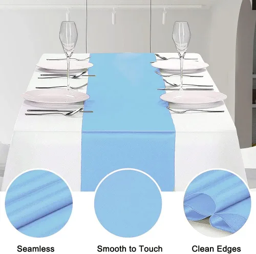 Vista 4 de Paquete de 12 caminos de mesa de satén de 12 x 108 pulgadas, color azul bebé, camino de mesa largo de satén para bodas, banquetes, graduaciones
