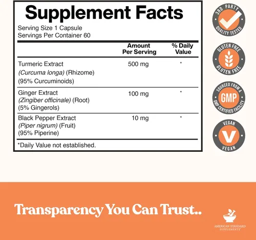 Vista 2 de American Standard Supplements Extracto de cúrcuma – Curcumina 95% con extracto de raíz de jengibre y extracto de pimienta negra – 60 cápsulas