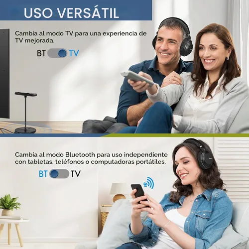 Vista 4 de SIMOLIO 737D Plus Auriculares Inalámbricos para Ver la Televisión con Modos de Cine y Diálogo Claro, Audífonos Duales Bluetooth con Volumen