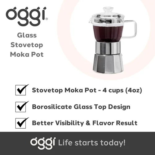 Vista 9 de Oggi Cafetera de café expreso para estufa, cafetera italiana de vidrio borosilicato de 4 tazas (4 onzas)