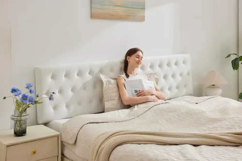 Vista 21 de Kingfun Cabecera capitonada tapizada para cama de tamaño completo con diseño moderno de botones, cabecera ajustable de madera maciza, cabeceros Rosa