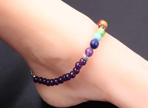 Vista 3 de REEBOOOR Tobillera de 7 chakras, regalo de yoga, tobillera de chakras, joyería bohemia de amatista, pulsera de tobillo curativa, meditación