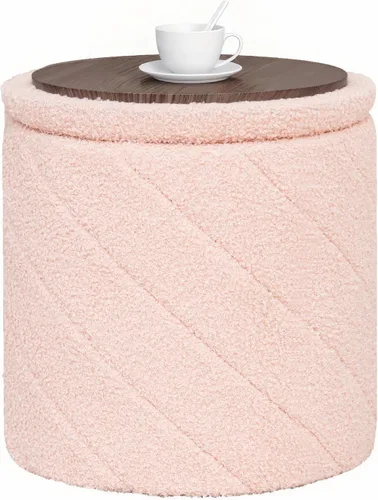 Vista 12 de B FSOBEIIALEO Otomana con almacenamiento, Otomana redonda de almacenamiento de bouclé con bandeja, Taburete reposapiés para dormitorio, Otomana