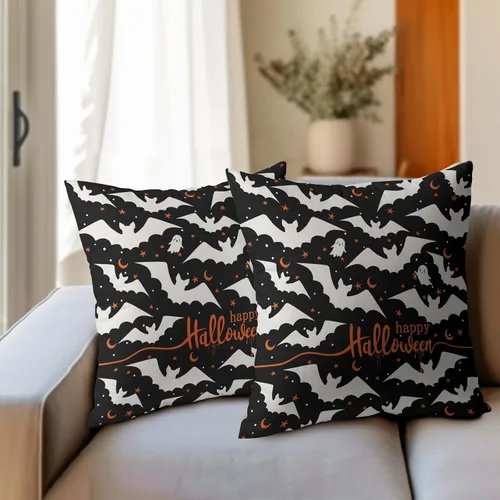 Vista 6 de Happy Halloween - Juego de 2 fundas de almohada decorativas de lino y algodón negro con diseño de murciélago blanco de 16 x 16 pulgadas, fundas