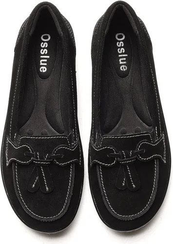Vista 4 de Osslue Mocasines clásicos de piel de microgamuza para mujer, mocasines retro para conducir, mocasines de moda, con borlas, zapatos de barco cómodos