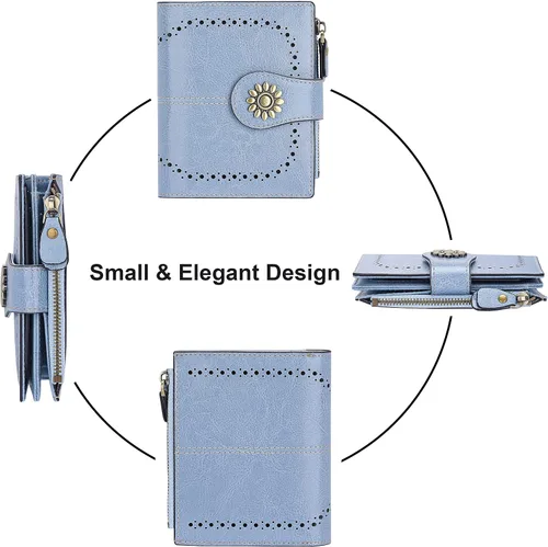 Vista 3 de Lavemi Cartera de piel para mujer, pequeña, compacta, con bloqueo RFID, para tarjetas de crédito, con bolsillo con cremallera