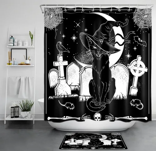 Vista 10 de LB Cortina de ducha de feliz Halloween para baño, flamenco rosa y calabaza naranja con sombrero mágico, cortina de ducha de tela con ganchos, juego