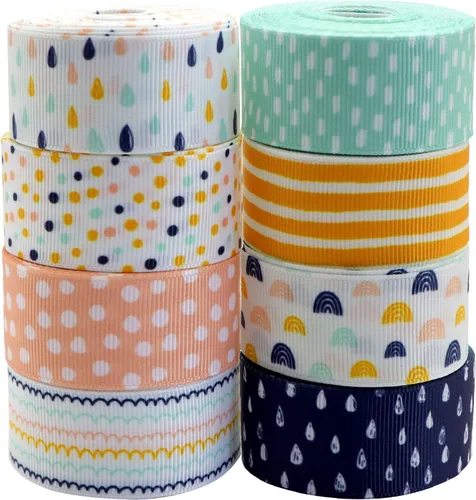 Vista 6 de David accessories Cinta de grogrén de gota de agua de 1 pulgada de ancho x 40 yardas en total, 8 rollos de 5 yardas para bricolaje hecha a mano